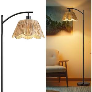Oneach Boho Rattan Floor Lamp for Living Room, Farmhouse Standing Lamp with Hand-Woven Shade, Black Metal Base & Pole, Foot Switch - Corner Reading Lamp for Bedroom (62'')