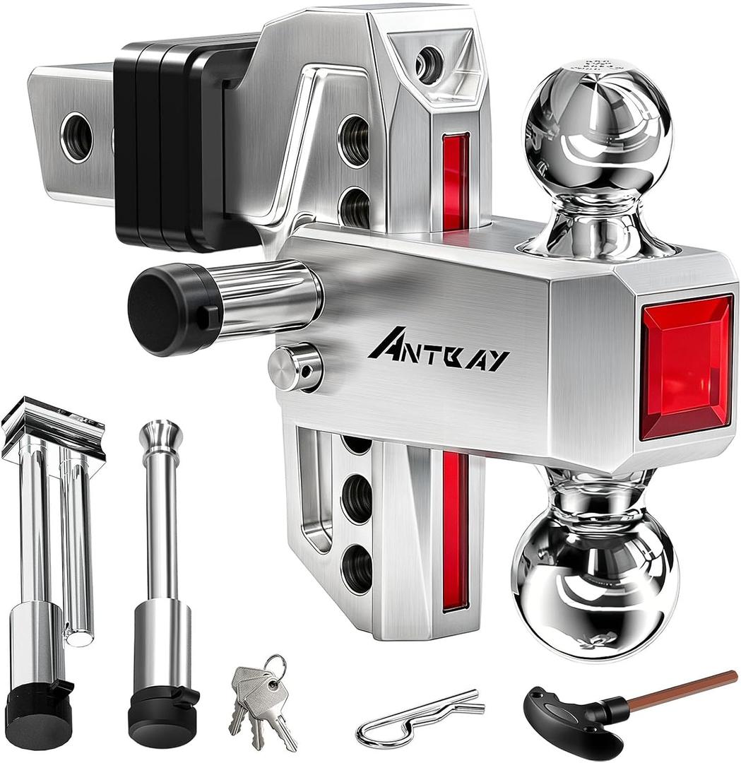 ANTbay Adjustable Trailer Hitch Towing Ball Mounts, Fits 2-Inch Receiver, 6" Drop/ Rise Drop, Dual Ball (2" X 2-5/ 16"), 12, 500 GTW with Trailer Locks, Sliver