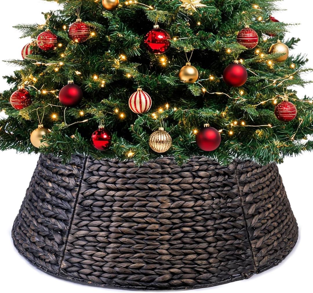 CLAYNIX Tree Collar - Large to Small Christmas Tree, 28" Christmas Tree Ring Adjustable Water Hyacinth Skirt, Christmas Tree Skirt for Decoration, Base Protection from Pets (Black)