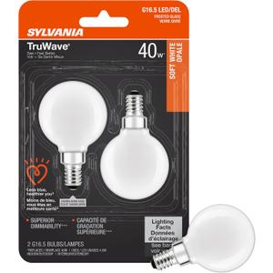 SYLVANIA LED TruWave Natural Series Dcor Globe G 16.5 Light Bulb, 40W Equivalent, 4.5 Efficient, Candelabra Base, Dimmable, 350 Lumens, 2700K, Frosted, Soft White - 2 Pack (40797)