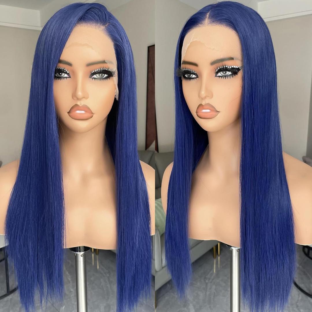 BLL Blue Lace Front Wig, 13x4 Glueless Synthetic Wigs Pre Plucked Hd Lace Long Straight Dark Blue Wig For Women With Baby Hair 26inch Suitable For Daily Party Wear
