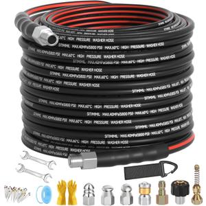 Sewer Jetter Kit for Pressure Washer 100FT, Drain Cleaner Hose 1/4 Inch NPT, NPT Corner Swivel and Push Button Nose Sewer Jet Nozzle Wrenches Gloves Waterproof Tape Pearl Brooch,5800PSI