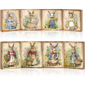 Wenqik 8 Pcs Vintage Easter Decorations Retro Bunny Egg Wooden Sign Easter Table Centerpiece Rustic Ornaments Tiered Tray Decor Sign for Spring Home Tabletop Fireplace Decorations Supplies, 8 Styles