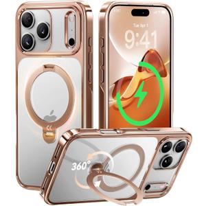 CASEKOO Rose Gold Glossy Designed for iPhone 17 Pro Case with 360 Spin Magnetic Stand [Fit for MagSafe][17FT Military Protection] Slim Polished Frame Titanium Alloy Sturdy Stand 6.3'', Rose Gold