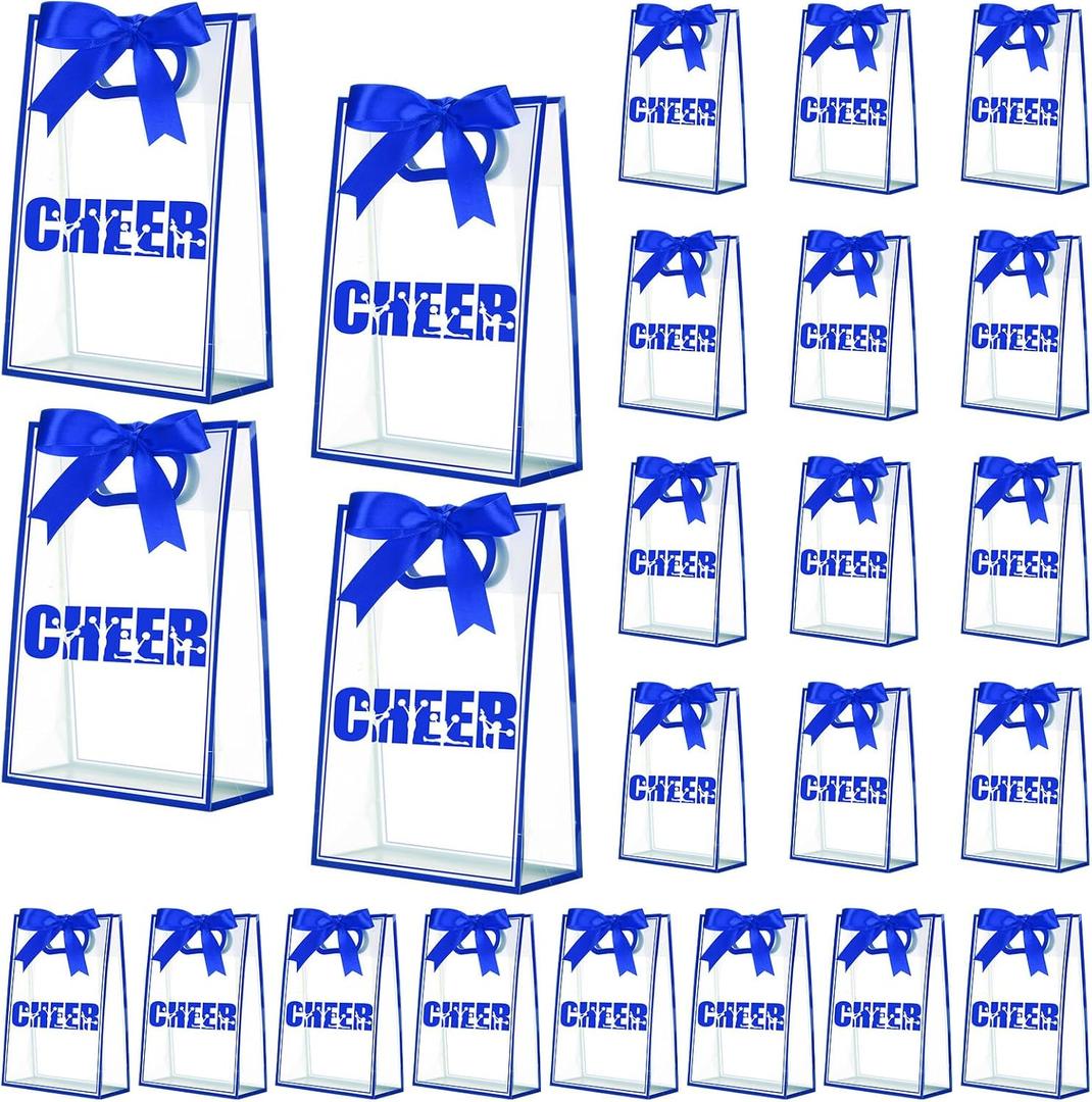 Sunnymove 24 Pcs Cheer Clear Plastic Gift Bags with Handles 10 x 7 x 3.1 Inch Reusable Clear Goodie Snack Treat Gift Bags with Ribbon for Cheerleader Teammates Sport Party Supplies (Blue Cheer)