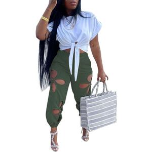 KEYUFANG Women 2 Piece Outfits Set Casual Crop Top Shirt Hollowed Out Sweatpants Women Fashion Tracksuit (White, XXL)