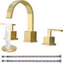 KINGO HOME Gold Bathroom Faucet, Brushed Gold Faucets Bathroom 3 Hole 8inch Widespread Waterfall 2 Handle Brass Faucets Bath Sink Vanity Faucet with Pop Up Drain and Supply Lines