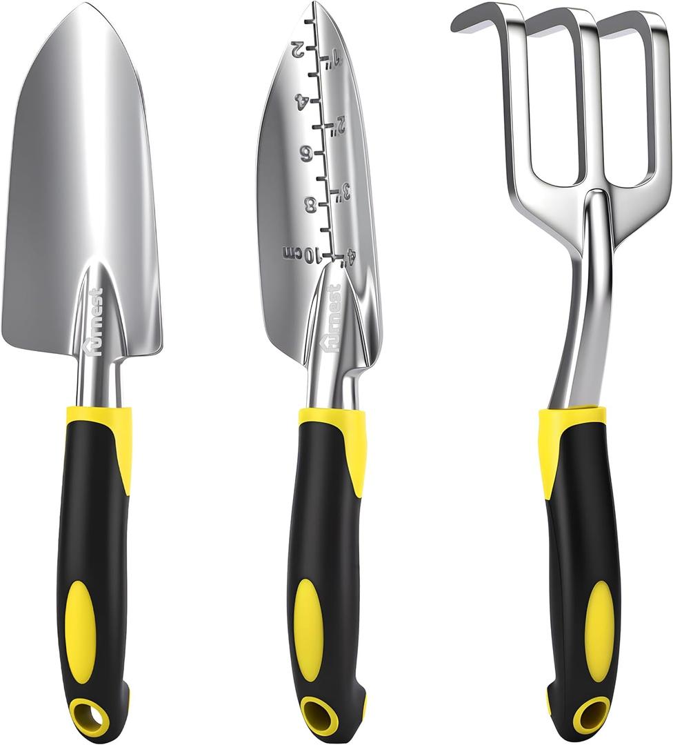 Garden Tool Set, 3 Pack Aluminum Heavy Gardening Kit Including Hand Shovel, Transplant Shovel and Hand Rake for Planting, Digging, Weeding (Yellow)