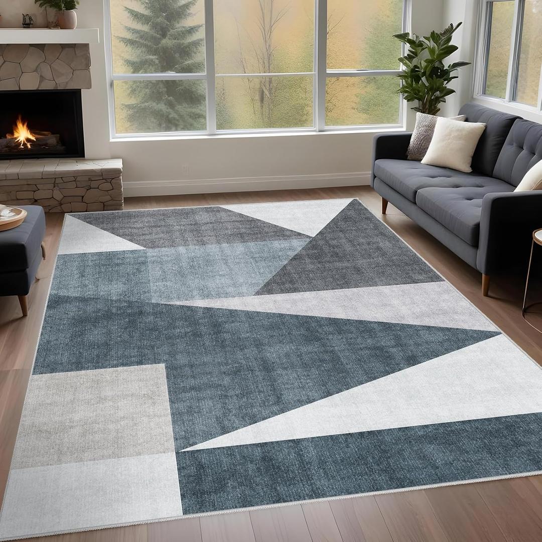 Washable Modern Area Rug: 5x7 Geometric Area Rugs for Living Room & Bedroom with Non-Slip Backing Modern Geometric Carpet for Living Room Blue Grey 5'x7'.