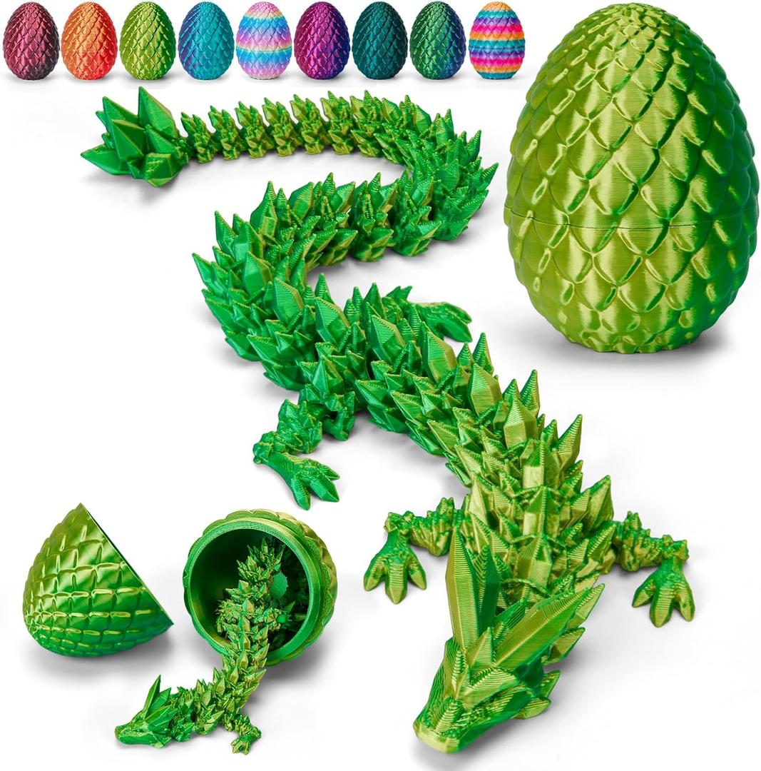 TBOLINE 12" 3D Printed Dragon Egg, Easter Basket Stuffers for Kids, Large Prefilled Easter Eggs, Stuffed Egg Hunt Fillers with Easter Toys, 3D Printer Animals Fidget Toys for Boys Teen 5-7 4-6 8-12 (Laser Yellow Green)