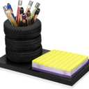 Tire Shaped Pen Holder with Sticky Notes Holder Set Tool Planter Pencil Storage Holder Desk Organizer Home Office Supplies Gift for Mechanics Car Lovers (Black)