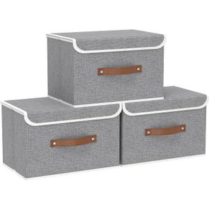 Yawinhe Collapsible Storage Bin, Cube Organizer Basket, Fabric Box with Lids, Washable and Leather Handle, for Home, Closet, Grey, 15.0''Lx9.8''Wx9.8''H, 3-Pack, USNK024GL-3