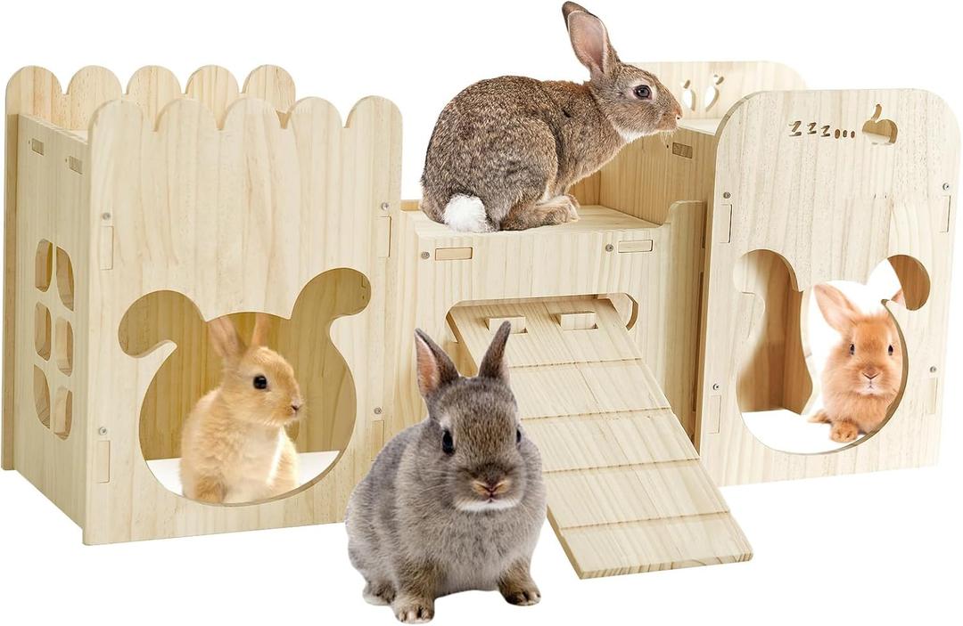 Natural Wooden Rabbit Castle House, Extra Large Bunny Castle for Rabbit Guinea Pig Chinchilla Ferret, Sturdy Bunny House with Stair