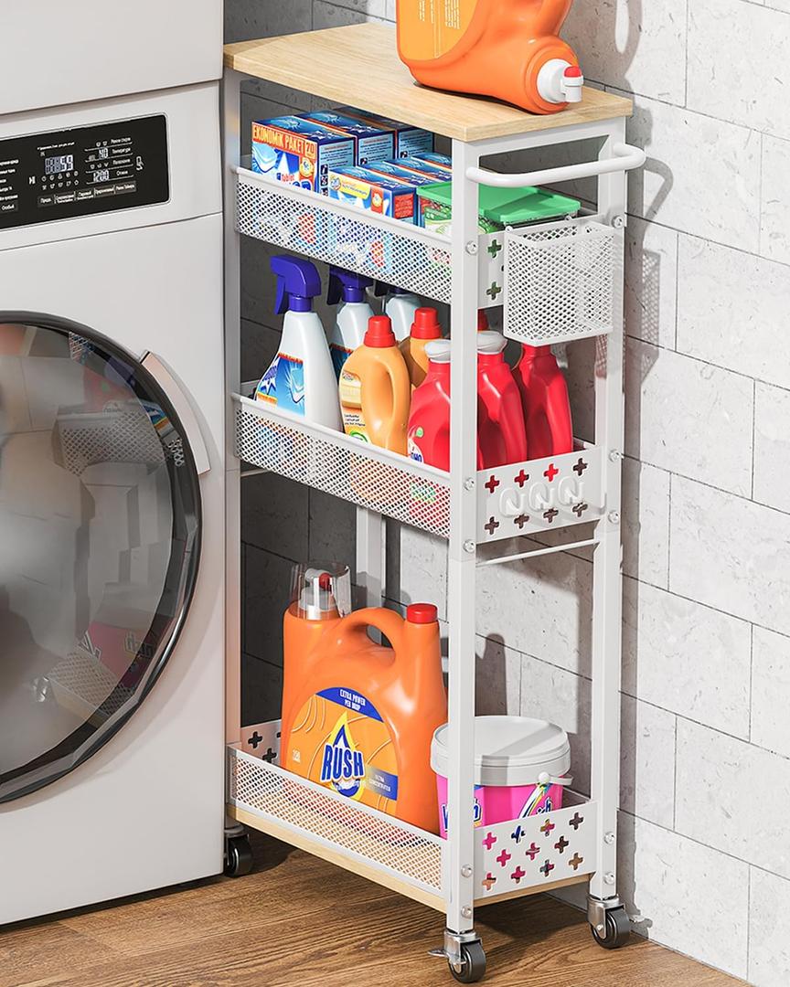 Slim Storage Cart 4 Tier Laundry Cart with Wheels, Narrow Metal Kitchen Rolling Carts Bathroom Organizers Storage Shelf with Wood Rack and Handle for Small Space (White)