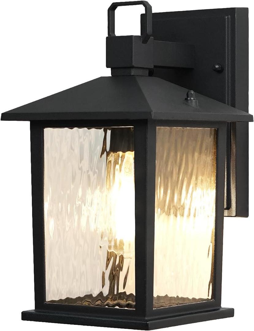 12'' Outdoor Porch Light, Matte Black Outdoor Wall Lantern with Water Ripple Glass, Exterior Lighting Fixture Wall Mount for House, Front Door, Garage, Rustproof Waterproof, Bulb Not Included