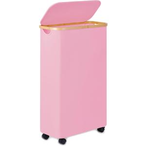 60L Slim Laundry Basket with Wheels, Narrow Hampers for Laundry, Freestanding Laundry Hamper with Lid & Bamboo Handles, Collapsible & Waterproof Tall Cloth Hamper for Dorm Family(Pink)