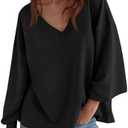 Fisoew Women‘s Oversized Sweatshirts Casual Deep V Neck Lantern Long Sleeve Fall Pullover Tops, Black, OneSize