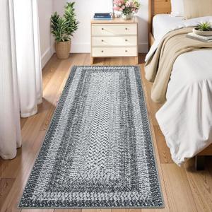 RUGSREAL 2x6 Runner Rug Braided Print Hallway Runner Rug Boho Rug Machine Washable Throw Floor Cover Non Slip Moroccan Carpet for Kitchen Farmhouse Rustic Runner for Living Room Bedroom, Grey