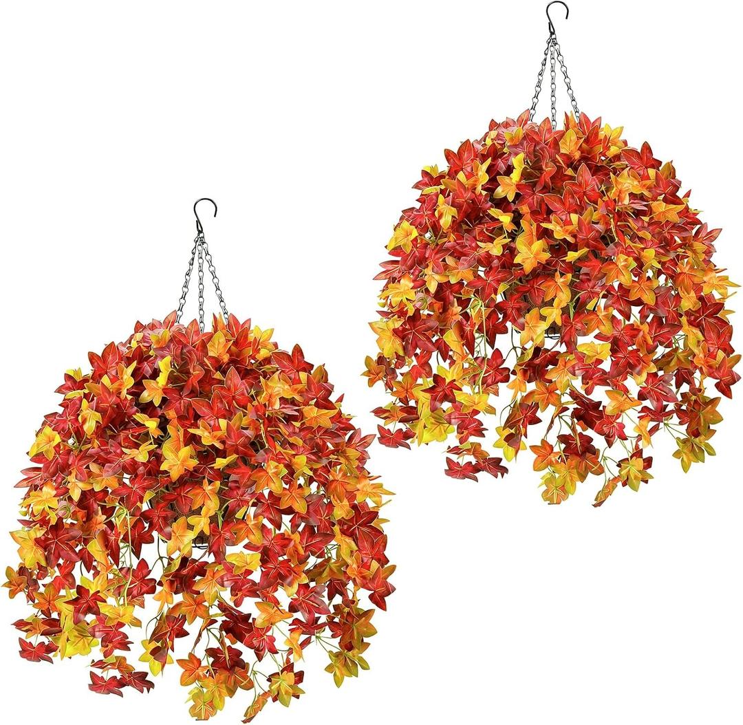 2 Set Fall Hanging Baskets Outdoor Artificial Fall Leaves for Porch Decor