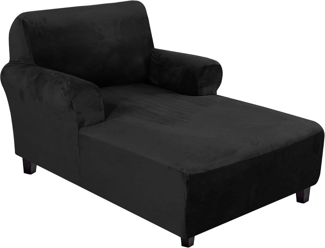 H.VERSAILTEX Velvet Chaise Lounge Cover High Stretch Chaise Chair Cover for Living Room Soft Chaise Slipcovers with Arms Luxury Velvet Chaise Lounge Dog Covers, Machine Washable, Black