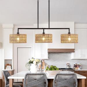 47" Hand Woven Rattan Chandeliers for Dining Room, 3-light Boho Linear Chandeliers Large Farmhouse Kitchen Island Lighting, Black Finish Pendant Light Fixtures Over Table, Bar, Living Room,E26