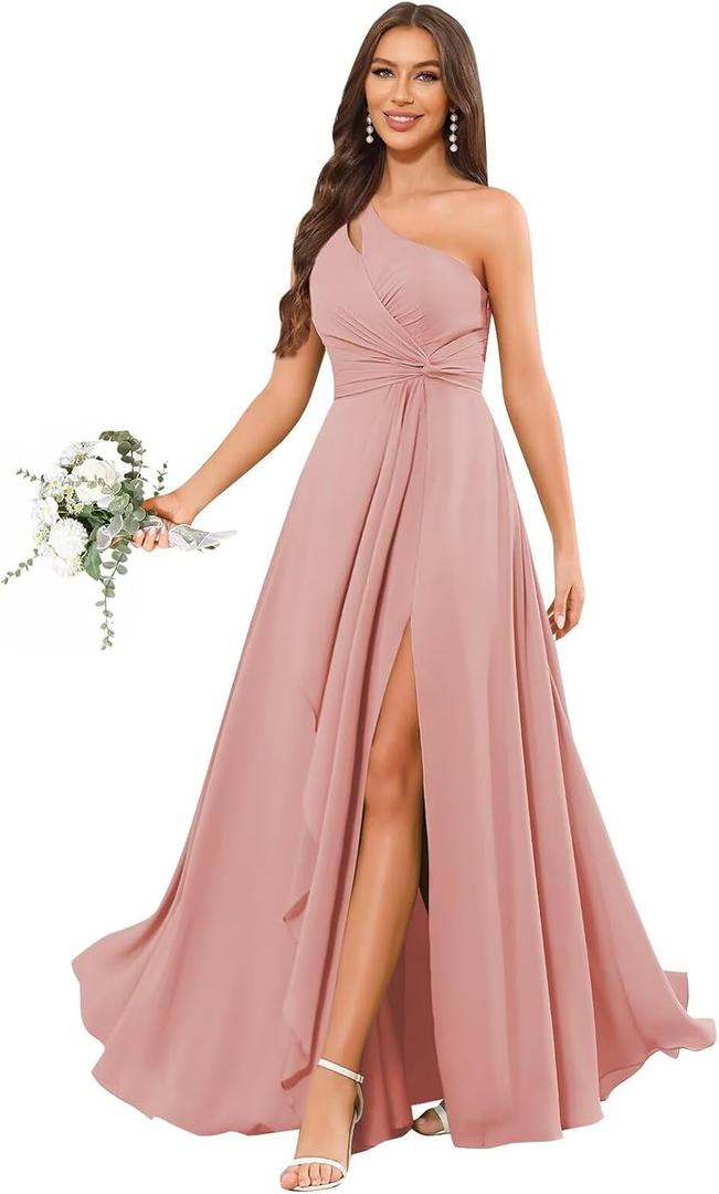 BANTRATIC One Shoulder Bridesmaid Dress Ruffle Slit Maxi Wedding Guest Ruched Empire Waist Chiffon Flowy Formal Evening Gown (6, Dusty Rose)