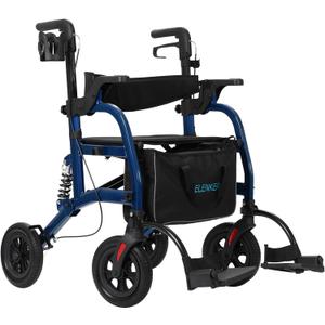 ELENKER Rollator Walker Transport Wheelchair Combo with Shock Absorber, 2 in 1 Rolling Walker with Seat, All Terrain Wheels for Seniors, Blue