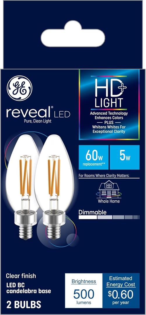 GE Lighting 31879 Reveal LED 60W Clear B11 (2-Pack), 2 Bulbs, 2 Count