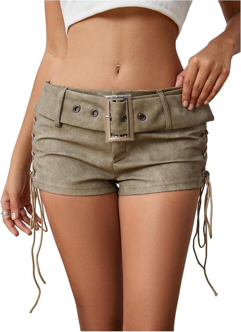 MakeMeChic Women's PU Leather Lace Up Ruched Tie Side Micro Shorts Low Waist Belted Festival Rave Mini Short (Medium, Army Green)