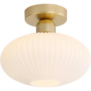 KCO Lighting Mid Century Modern Large Semi Flush Mount Ceiling Light Fixture White and Gold Living Room Flush Mount Ceiling Light Vintage Milk Glass Globe Close to Ceiling Light