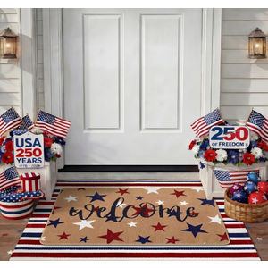 Tinideya 2 Pcs 4th of July Patriotic Door Mat Outdoor 250th Anniversary Welcome Front Door Mat Layered Red White Blue Stars Stripes Entryway Rug Non Slip Independence Day Decor for Front Porch Outside