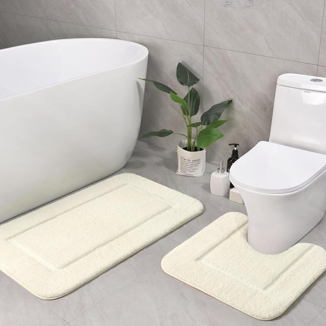 LOCHAS Bathroom Rug Set Cream White, Soft Bath Rug Set 2 Piece Set, Toilet Mat U-Shaped 20x20 and 34x20 Bath Rugs, Quickly Dry Mats for Bathroom, Tub, Washable, Super Absorbent Floor Mat