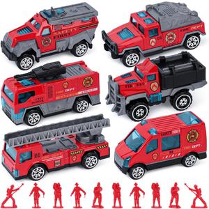 LovesTown 50PCS Fire Truck Toy Set, 6PCS Die-cast Small Rescue Emergency Vehicles Red Fire Trucks 44PCS Firemen Toy Figures, Christmas Birthday Gifts for Over 3 Years Old Boys