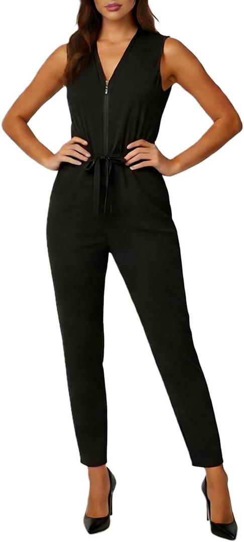 DeftSharp Women's Sexy Cocktail Party Clubwear Casual Working Rompers Club Back Zip Belt Long Jumpsuit (Black, S)
