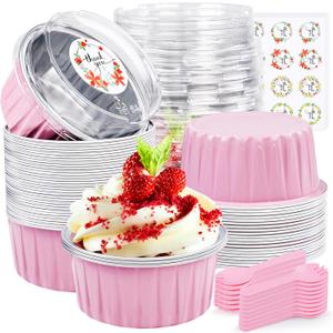 ZOXILEN 30Pcs Mini Cake Pans with Lids Aluminum Foil, 5oz Disposable Mini Loaf pans with Lids and Spoons, Small Baking Cups Pie Tins Muffin Pan Cheesecake Containers for Party Pink Round