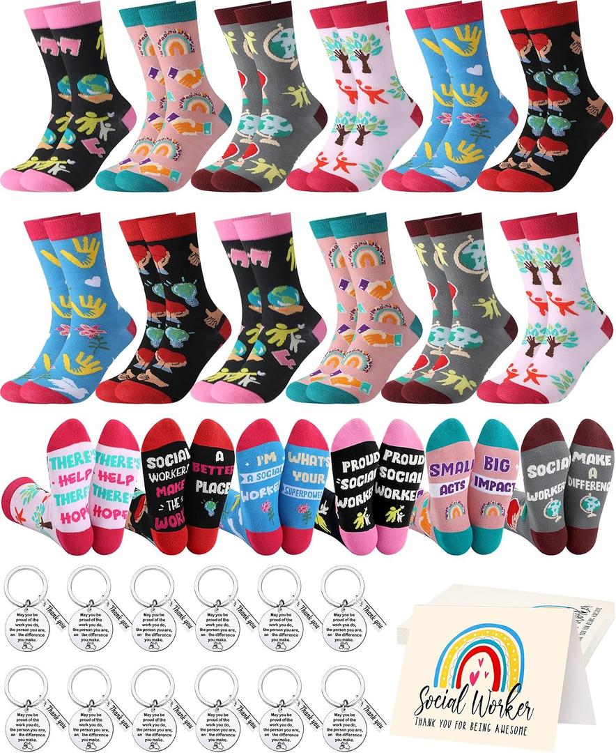 36 Pcs Social Worker Appreciation Gifts Sets Bulk Include Novelty Crew Socks Keychains with Thank You Cards Social Worker Graduation Gift for Bsw Msw Dsw Student Team Teachers, One Size