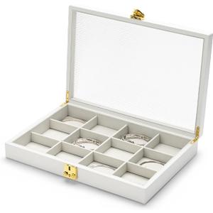 Oirlv White 12 Gird Premium Leather Jewelry Organizer Tray with Clear Lid Lockable Jewelry Box Bangle Holder Box for Women (Creamy-white Interior) 12 Grid