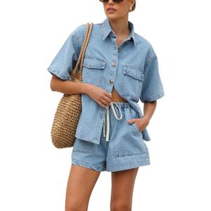 chouyatou Women's Summer Denim 2 Piece Outfits Short Sleeve Button Down Shirt Elastic Waist Wide Leg Shorts Matching Set (Blue, S)