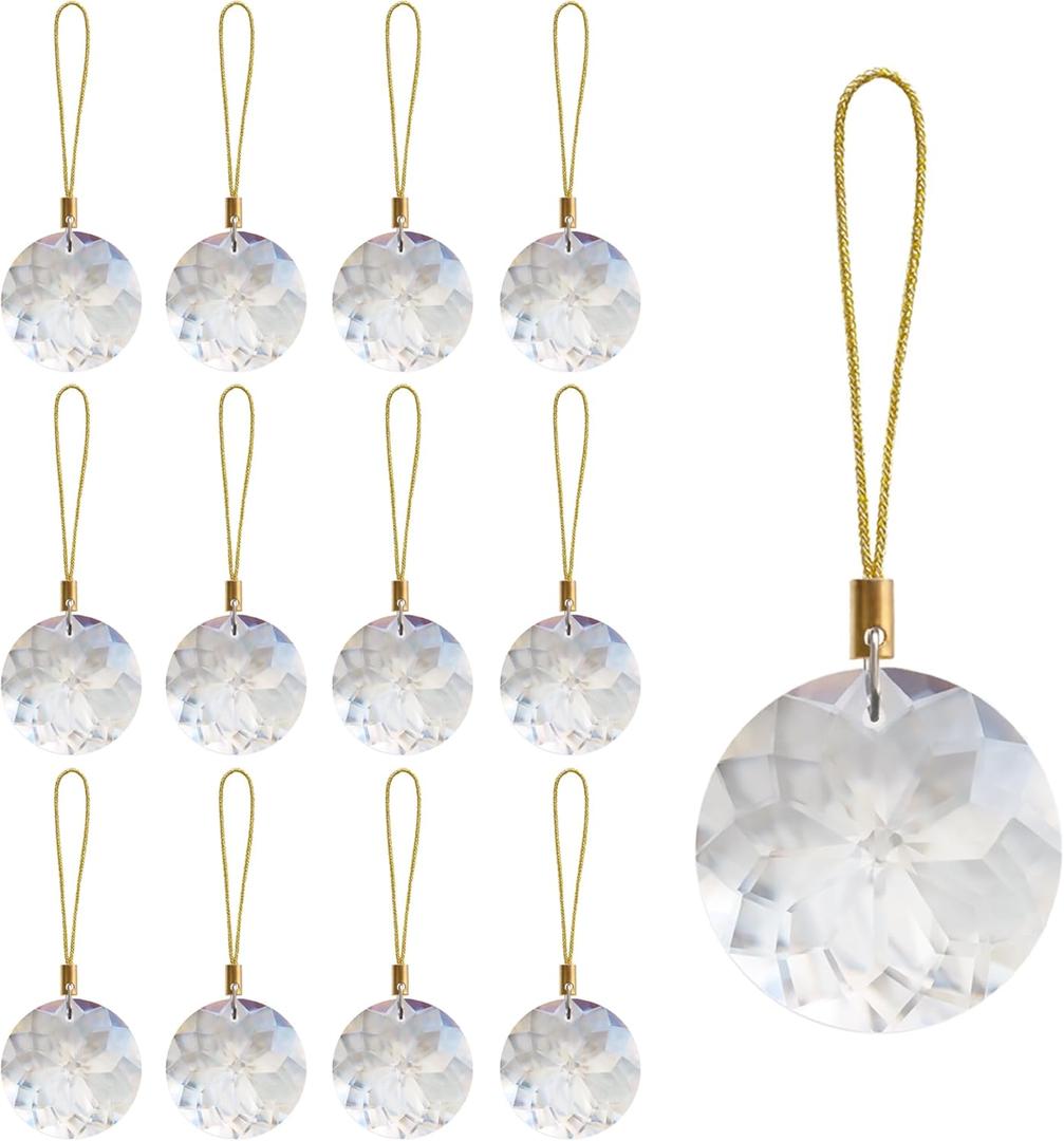 12 Pcs Crystal Glass Christmas Balls Ornaments, 1.18 Mini Round Prism Flower Xmas Tree Decorations, Hanging Ornament for Wedding Party Home Decor (Crystal Clear)