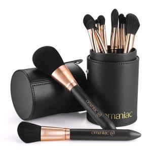 OMANIAC Makeup Brush Set Professional, 12 Pearlescent Wood Handle Makeup Brushes, Premium Cruelty-Free Synthetic Fiber Hair, Travel Make up Brushes Set with Case (Black). (13 Piece Set)