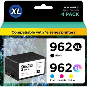 962xl 962 Ink Cartridges for HP OfficeJet Pro 9015e 9018e 9025e 9010e 9020e 9015 9018 9010 9020 9025 Series Printer, 962 XL High Yield Ink Cartridge Combo Pack 4 Pack (Black, Cyan, Magenta, Yellow)