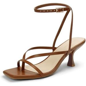 LOOPCHARM Women's Kitten Heel Strappy Open Square Toe Thong Ankle Strap Heels for Wedding 6
