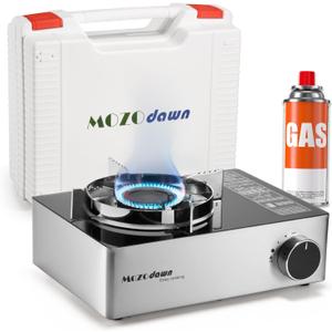 Portable Gas Stove with Case, 12000 BTU Butane Stove with Wind Guard, Single Burner Camp Stove for Home Kitchen, Camping, Picnics, Hiking, Fuel Not Included (Silver)