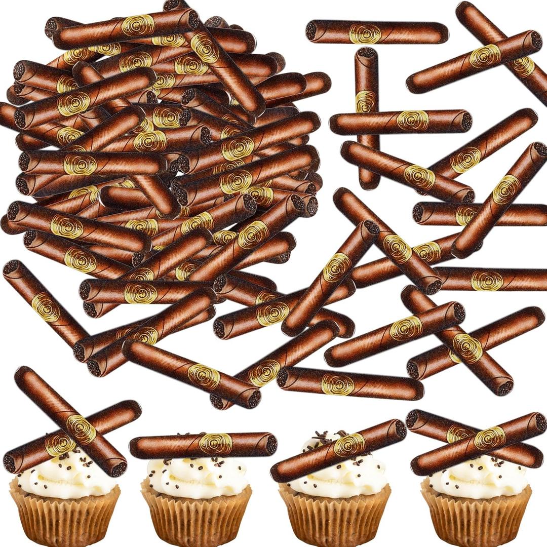 Ercadio 55 PCS Edible Cigarettes Party Cupcake Toppers Pick for Father's Day Cake Drink Topper Favor for Cigarettes Theme Summer Family Party Decor Supplies (Brown)