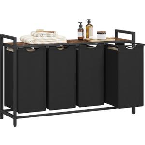VASAGLE Laundry Hamper, Laundry Basket, Laundry Sorter with 4 Pull-Out and Removable Bags, Shelf, Metal Frame, 4 x 10.6 Gallons (40 L), 45.7 x 13 x 28.4 Inches, Ink Black and Rustic Brown UBLH401B01