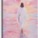 Qabliqo Jesus Walking on Water Framed Wall Art, Pink Pastel Christian Jesus Wall Decor, Christian Religious Canvas Poster Prints Pictures for Home Bedroom Living Room Church, 11x14 Inches