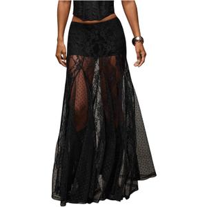 WDIRARA Women's Sexy See Through Sheer Lace Maxi Skirt Low Waist A Line Flowy Long Mesh Skirt Black, Small