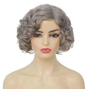Amnenl Grey Short Curly Wig for Women Finger Wave Wigs Natural Heat Resistant Synthetic Hair for Daily Costume Party Halloween Wig