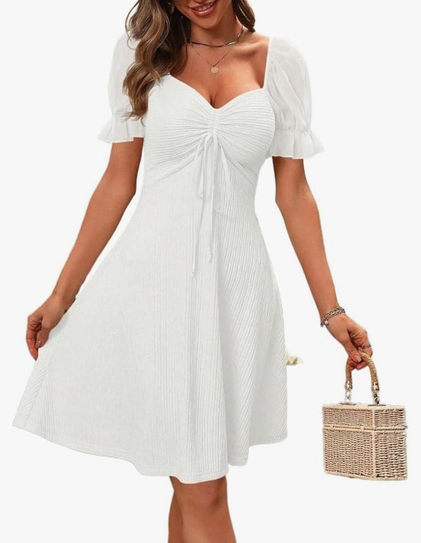 Women's Boho 2025 Summer Mini Dress, Summer Short Puff Sleeve Mini Dress Drawstring Neck, L