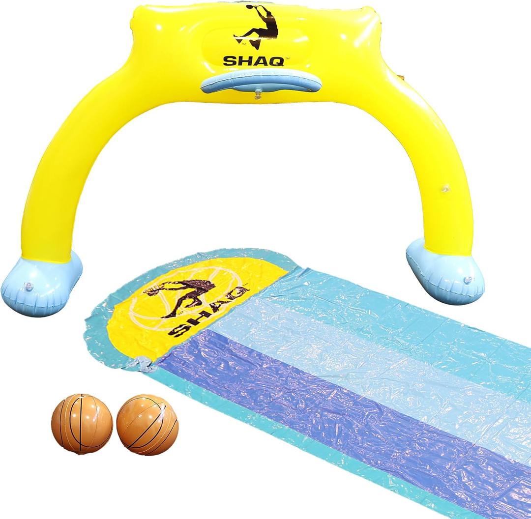 Shaq Triple Water Slide with Built-in Basketball Hoop, Sprinklers & Crash Pad - Fun for Kids & Adults, Easy Hose Installation, Durable PVC